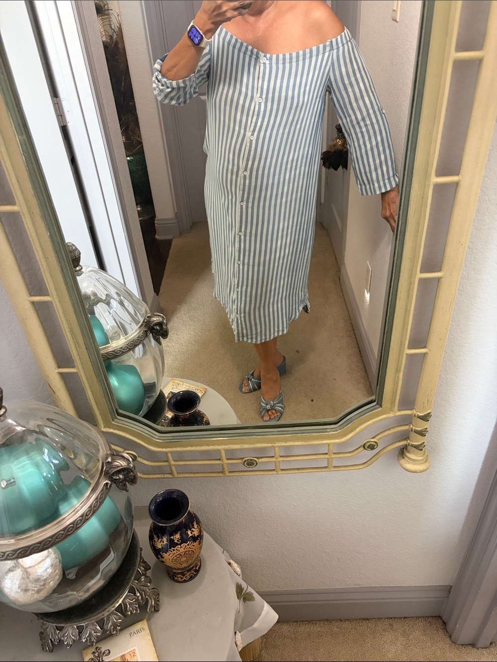 Cloth & Stone Off Shoulder Button Down Shirt Blue White Medium